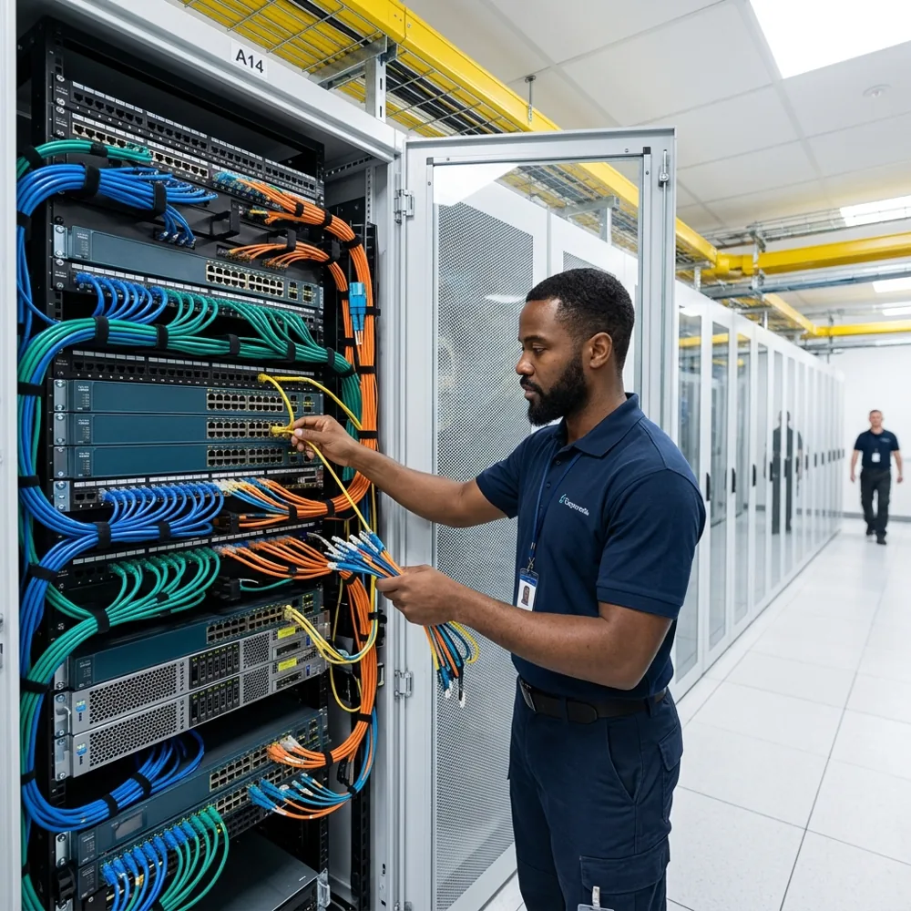 Infrastructure réseau professionnelle avec câblage et serveurs
